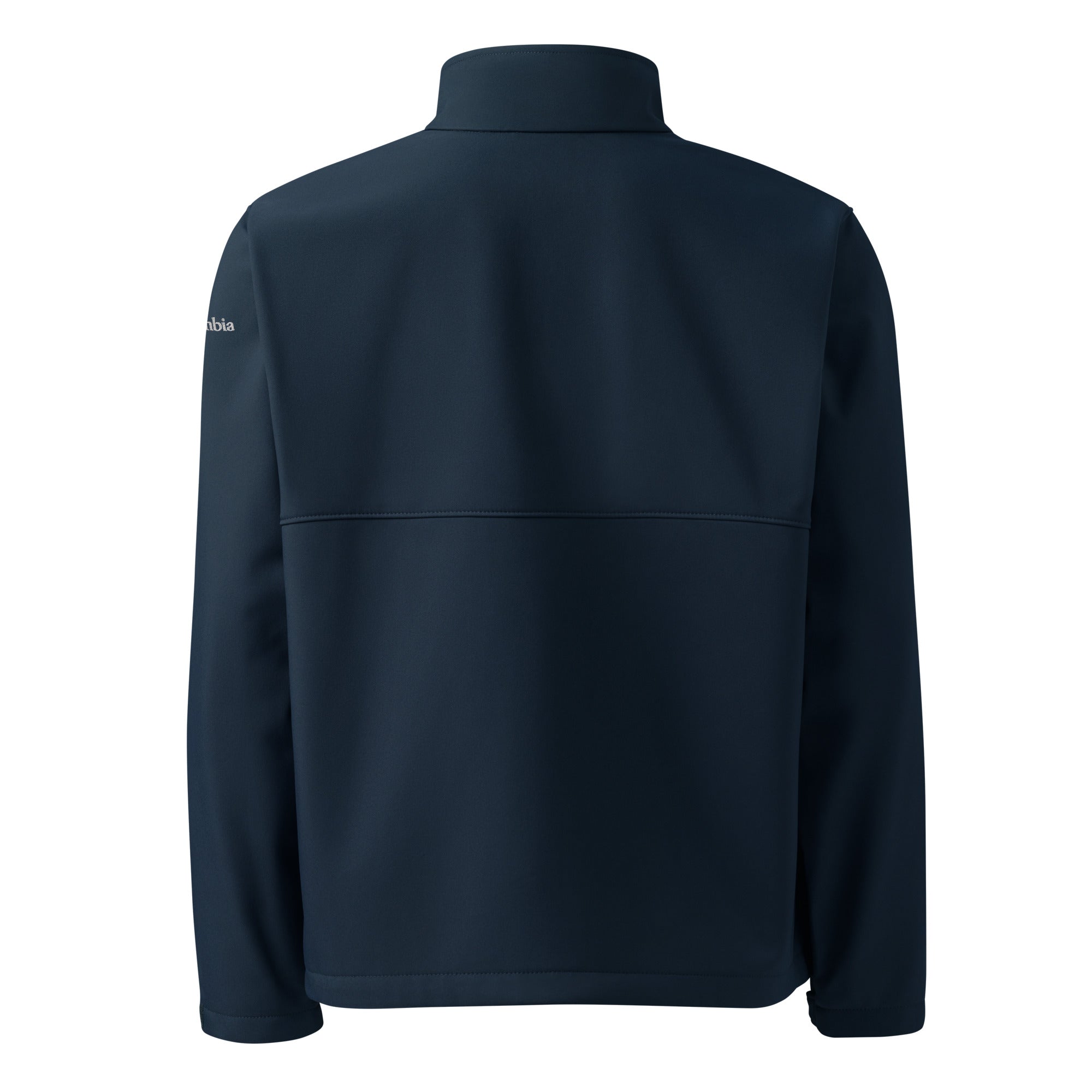 Back view of Nicholas Essentials soft shell jacket for all-weather performance in dark navy color.