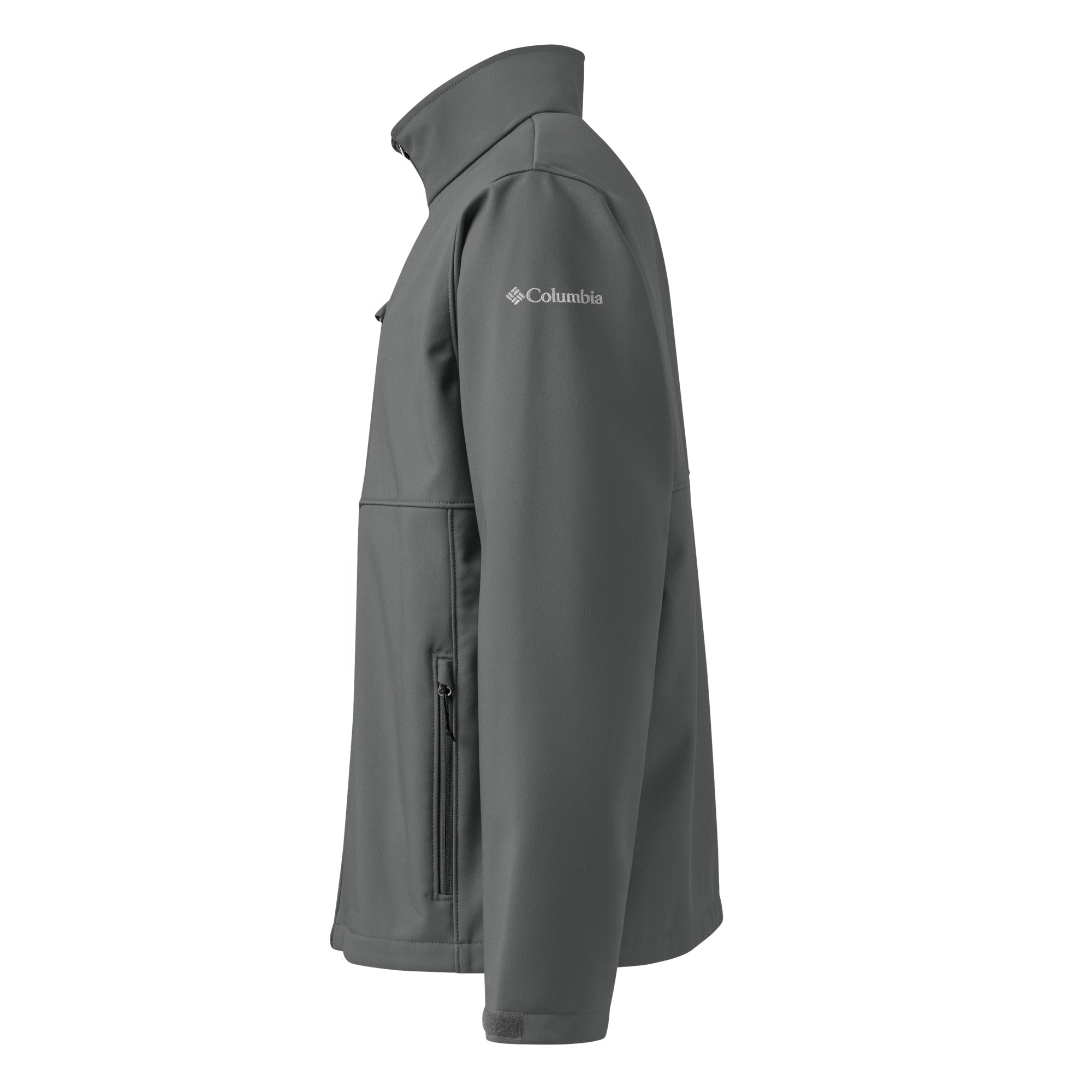 Nicholas Essentials Soft Shell Jacket, a stylish soft shell jacket for all-weather performance, shown in gray from the side.